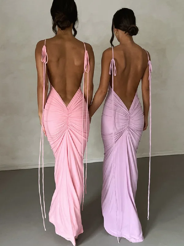 Backless Ruched Sexy Maxi Dress For Women Robe Hot Summer Spaghetti Strap Sleeveless Bodycon Party Long Dress Vestidos