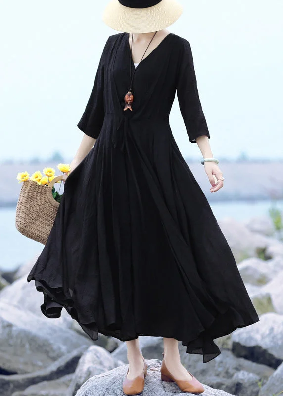 Beautiful Black V Neck Asymmetrical Design Maxi Dresses Summer