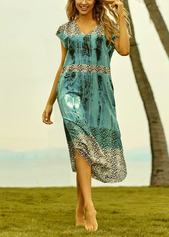 Beautiful Green Leopard V Neck side open kimono robe Maxi Dresses