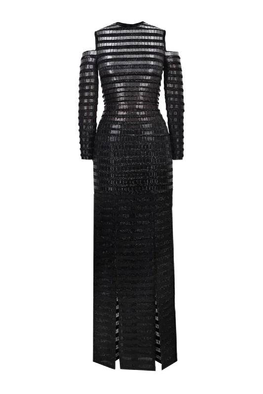 BLACK GRADIENT GLASS AND LUREX MAXI DRESS Elegant Lace-Up Maxi Dress