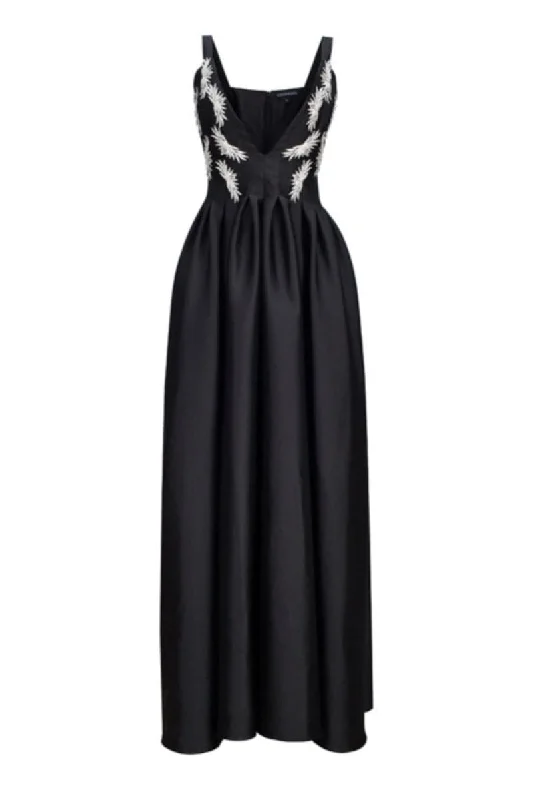 BLACK HAND EMBROIDERED CRYSTAL TAFFETA MAXI DRESS