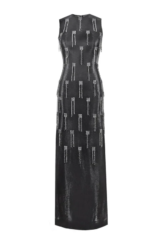 BLACK LUREX-TULLE SEQUIN TASSEL MAXI DRESS Elegant Tiered Maxi Dress