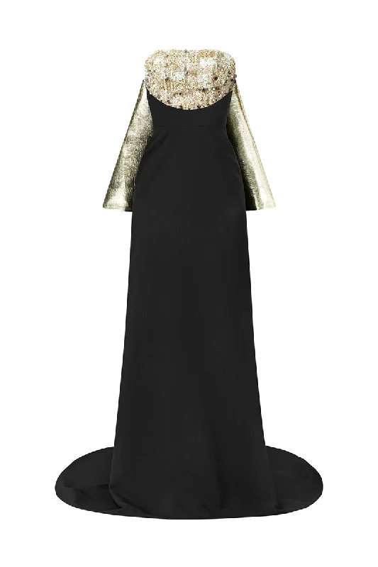 BLACK MAXI DRESS WITH CRYSTAL EMBROIDERED AND GOLD DETACHABLE CAPE Classic Strapless Maxi Dress