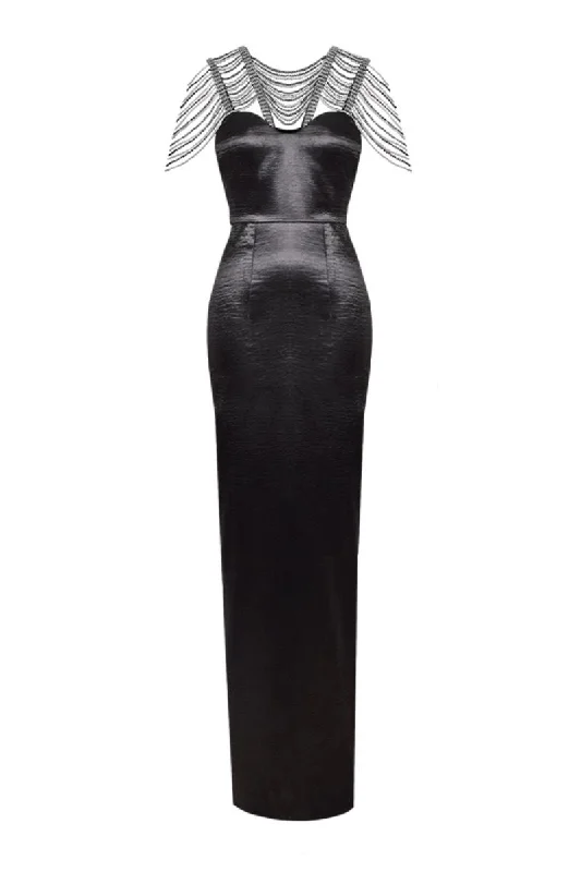 BLACK TEXTURED SATIN SEQUIN PENCIL MAXI DRESS Cozy Longline Maxi Dress