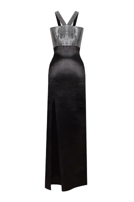 BLACK TEXTURED SATIN SLIT MAXI DRESS Stylish Button-Up Maxi Dress