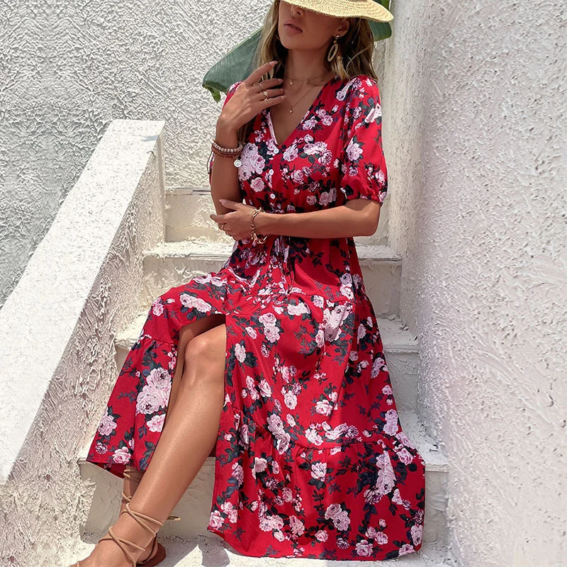 Blue Zone Planet |  Chloe's Printed V-Neck Slit Maxi Dress Trendy Floral Print Maxi Dress