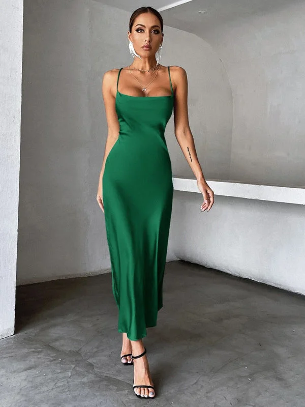 Blue Zone Planet |  Green satin party spaghetti trap maxi dress