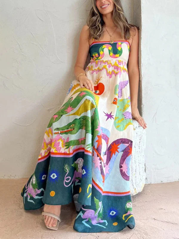 Blue Zone Planet |  Isabella's Abstract Botanical Print Spaghetti Strap Swing Maxi Dress