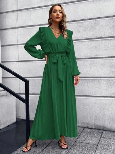 Blue Zone Planet | Pleated Surplice Tie Waist Maxi Dress Comfortable Fitted Maxi Dress Blue Zone Planet | Pleated Surplice Tie Waist Maxi Dress Comfortable Fitted Maxi Dress