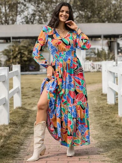 Blue Zone Planet |  Printed Smocked Tie Neck Balloon Sleeve Maxi Dress