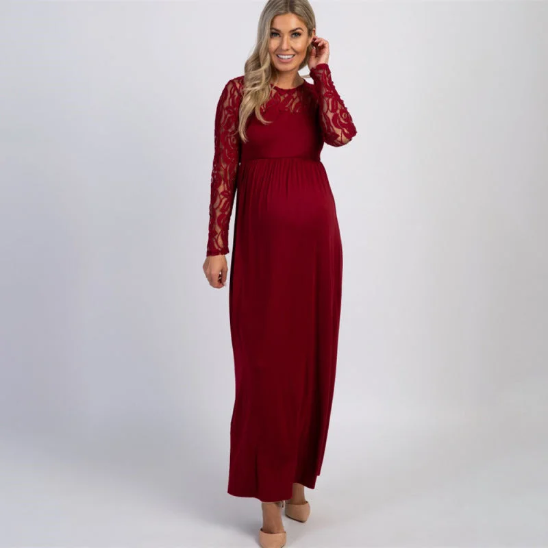 Blue Zone Planet |  Solid color maternity lace hollow long-sleeve maxi dress