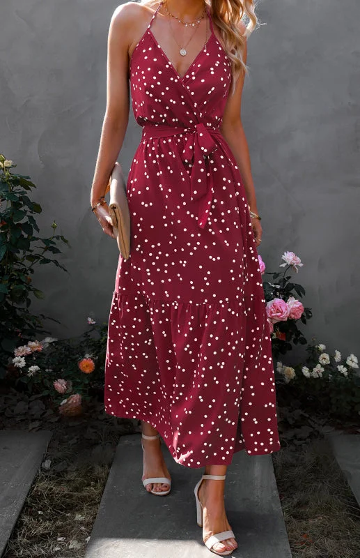 Blue Zone Planet |  V Neck Sling Polka Dot Maxi Dress