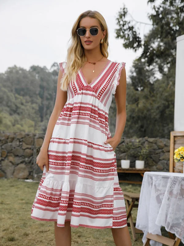 Blue Zone Planet |  Bohemian V Neck Pocket Stripe Maxi Dress Cake Dress Stylish Maxi Dress with Pleats