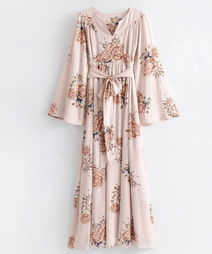 maxi dress 2022 spring vintage floral print cotton flare lone sleeve empire long women dress bohemia floor-length dresses