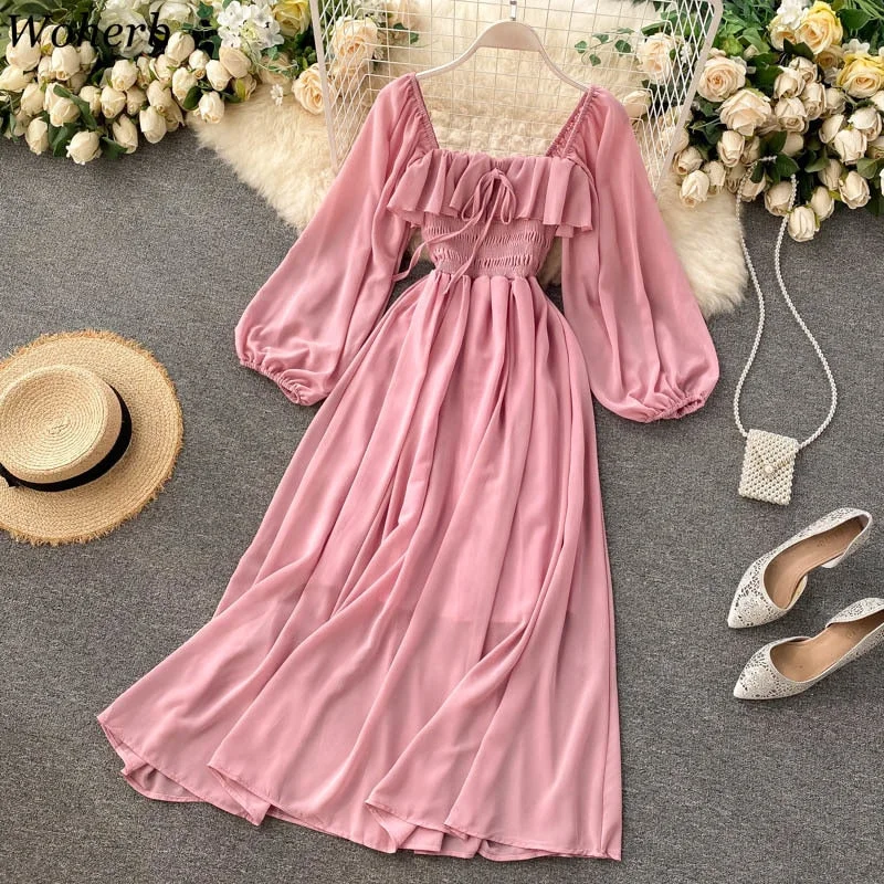 Chic Elegant Square Collar Maxi Dress Women Solid Chiffon Puff Sleeve Dresses 2022 Korean  Vintage Ruffle Vestidos