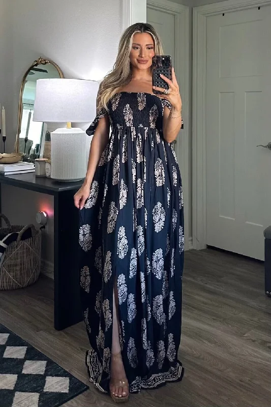 Sand in Your Toes Smocked Maxi Dress: Navy Multi Trendy Short Sleeve Maxi Dress