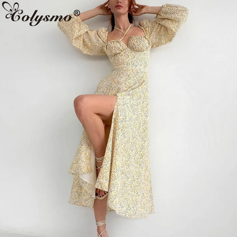 Colysmo Floral Dress Lantern Long Sleeve Ruched Cut out Tie up Split Zip Backless Maxi Dress Women Prairie Chic Summer Dresses