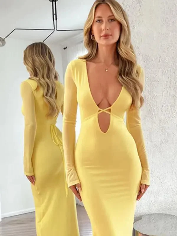 Blue Zone Planet |  Daisy's Hollow Mesh Long Sleeve Deep V-Neck Maxi Dress Cozy Spaghetti Strap Maxi Dress