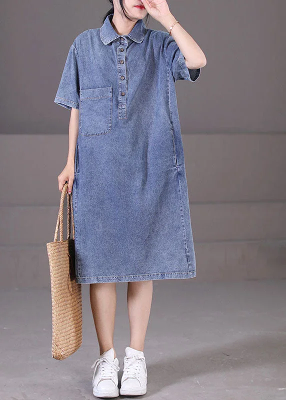 Diy Denim Blue Turn-down Collar Button Pockets Cotton Maxi Dresses Short Sleeve Comfortable Long-Sleeve Maxi Dress