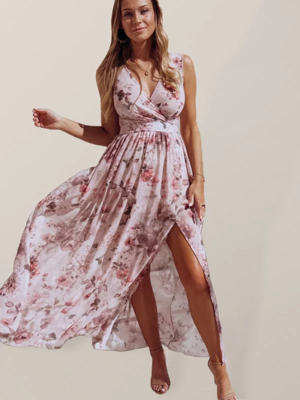 Blue Zone Planet |  Elegant Floral Print Chiffon Dress Sleeveless Vacation Beach Slit Maxi Dress Stylish Maxi Dress with Frills