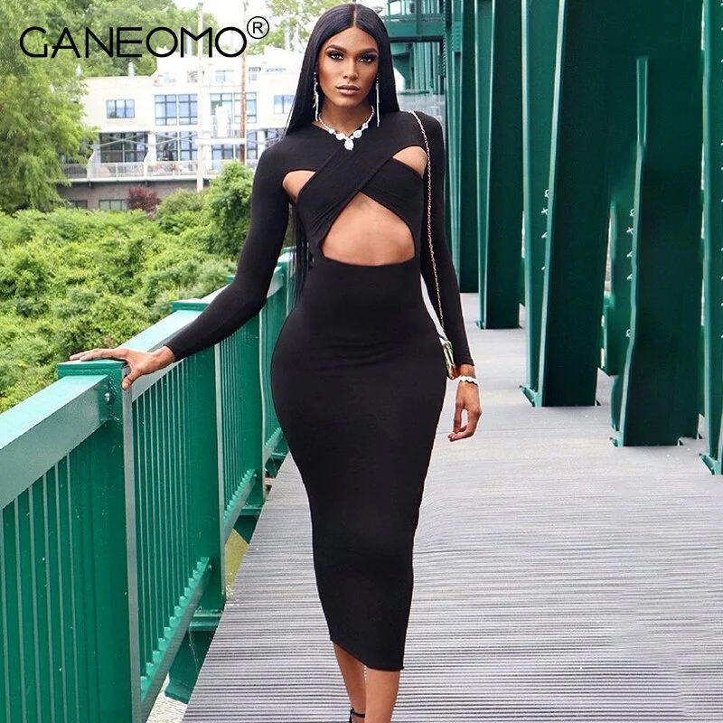 Elegant Long Sleeve Knitted Maxi Dresses for Women Autumn Winter 2022 Party Sexy  Long Cut Out Dress Ladies Outfits Black