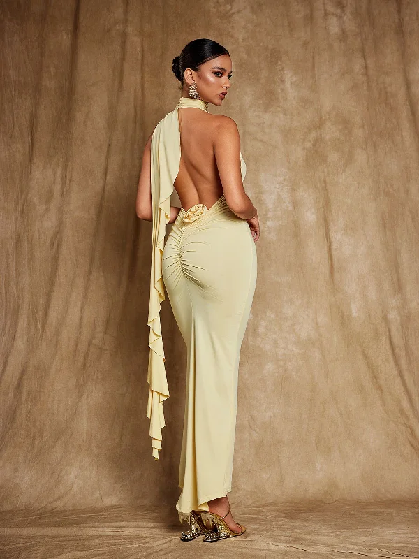 Elisheva Backless Flower Draped Maxi Dress Fashionable Halter Neck Maxi Dress