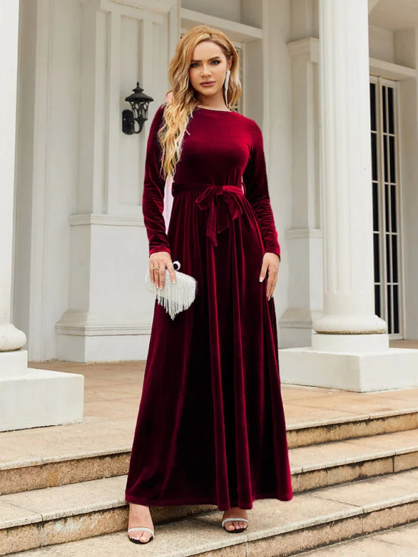 Blue Zone Planet |  Ella's Gold Velvet Belted Round Neck Maxi Dress Trendy Maxi Dress with Straps