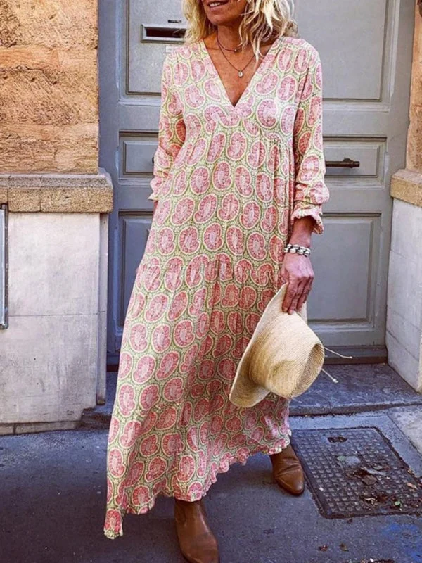 Blue Zone Planet | Emily's V-Neck Long-Sleeved Printed Loose Maxi Dress Comfortable Maxi Dress with Slits Blue Zone Planet | Emily's V-Neck Long-Sleeved Printed Loose Maxi Dress Comfortable Maxi Dress with Slits