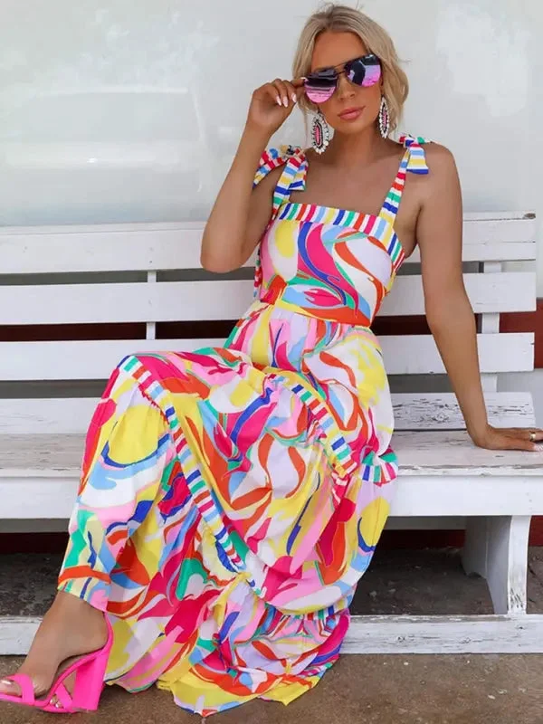 Blue Zone Planet |  Faith's Bohemian Print Sling Paneled Swing Maxi Dress Trendy Fit-and-Flare Maxi Dress