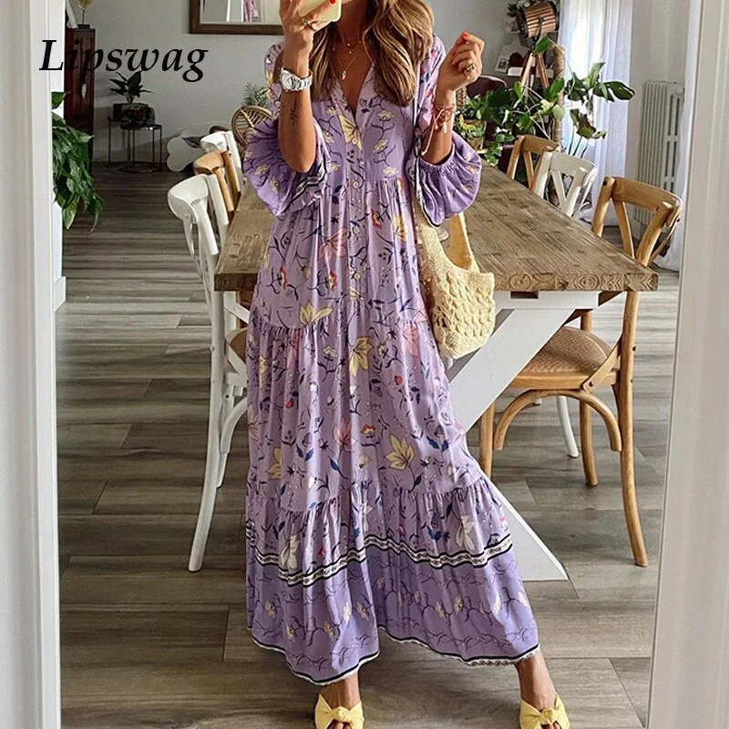 Floral Print Long Dress Spring Party  V Neck Lantern Sleeve Maxi Dresses Vintage Autumn Long Sleeve Loose Boho Women Dresses