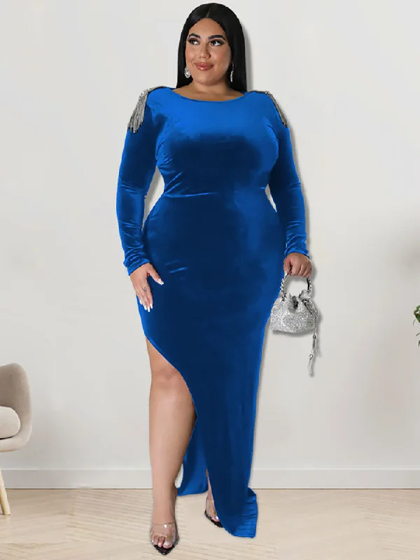 Plus Size Long Sleeve Side Split Maxi Dresses Stylish Off-Shoulder Maxi Dress