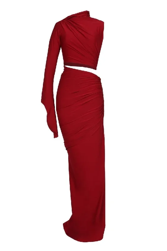 GAIA CHERRY RED CUT-OUT DRAPED MAXI DRESS