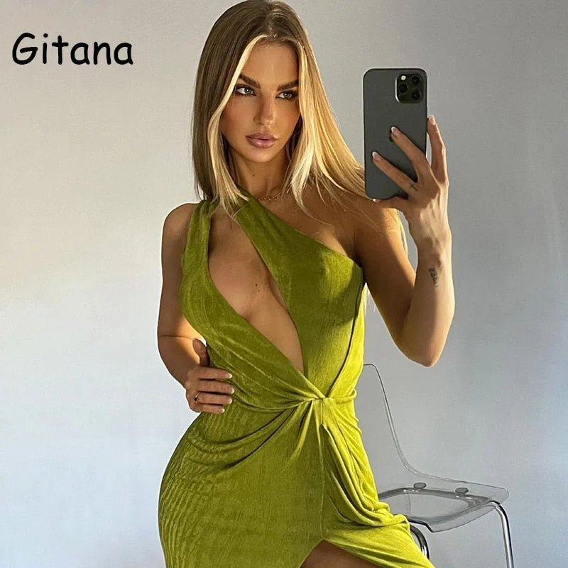 Gitana 2022 Sexy One Shoulder Hollow Out Maxi Dress For Women Elegant Sleeveless Backless Split Green Dresses Club Party Outfits