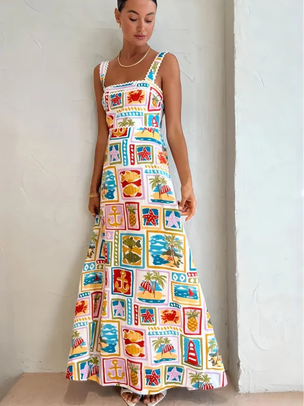 Blue Zone Planet | Grace's Getaway Graffiti Print Ric-Rac Spaghetti Strap Lace Maxi Dress Stylish Pleated A-Line Maxi Dress