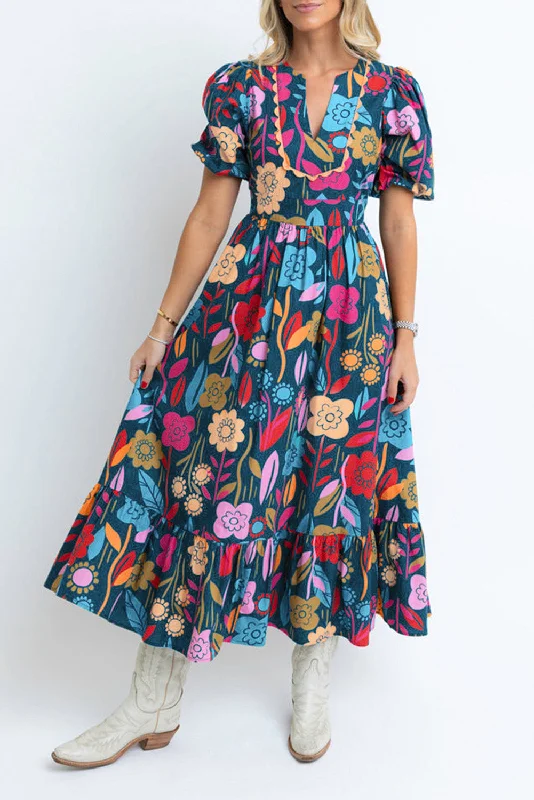 Green Retro Floral Printed Split Neck Maxi Dress Cozy Ribbed Maxi Dress
