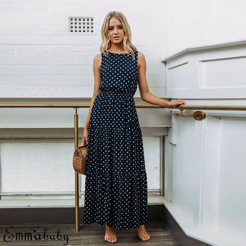 Hirigin Women Boho Casual Dot Maxi Dress Sundress Bohemian Style O-neck Sleeveless Loose Long Dresses Beach Wear Trendy Maxi Dress with Bow