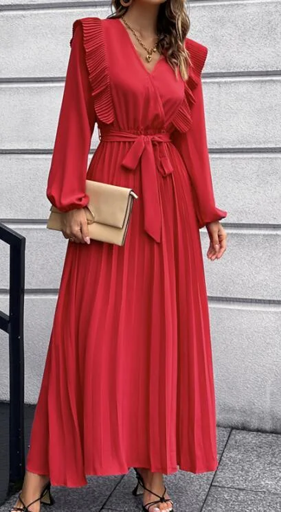 Blue Zone Planet |  Isabella's V-Neck Pleated Hem Long Sleeve Maxi Dress Trendy Short Sleeve Maxi Dress