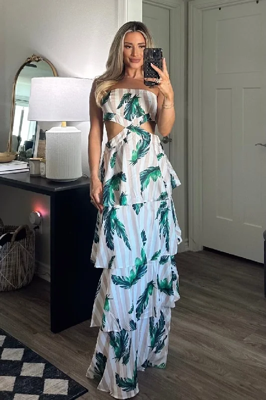It's a Shore Thing Tiered Cutout Maxi Dress: Sand Multi Comfortable Fit-and-Flare Maxi Dress