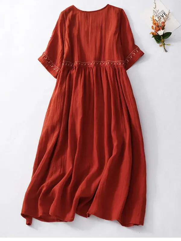 Blue Zone Planet |  Ivy's Literary Retro Embroidered Loose Maxi Dress with Large Hem Comfortable Pleated Maxi Dress