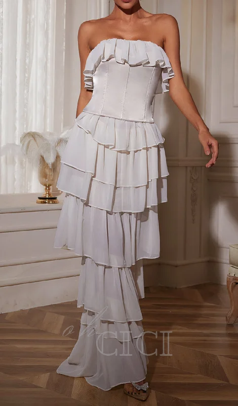 STRAPLESS RUCHED MESH MAXI DRESS IN WHITE Trendy Satin Maxi Dress