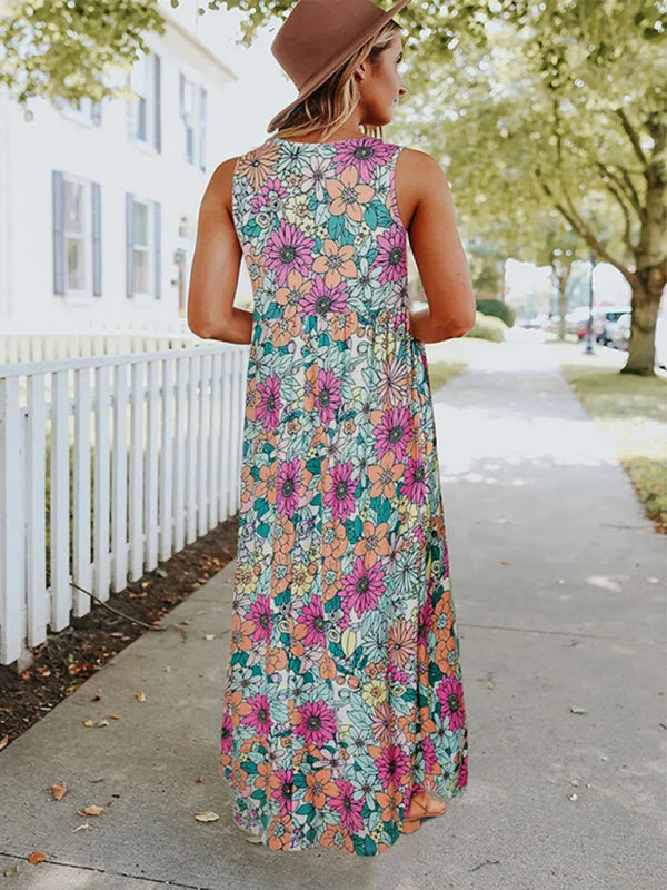 Blue Zone Planet |  Ladies Floral Print Round Neck Sleeveless Maxi Dress Elegant Lace Maxi Dress