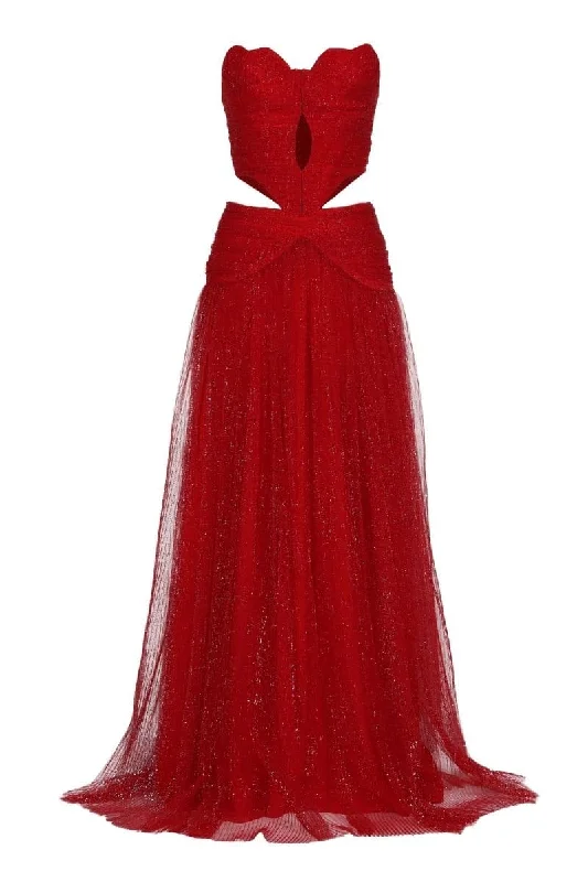 LEONIE SCARLET RED STRAPLESS CUT-OUT MAXI DRESS