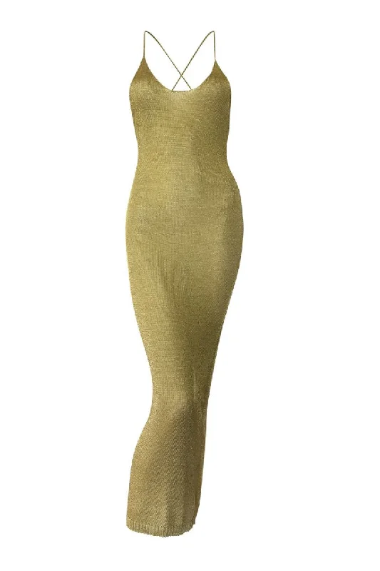 LIGHT GOLD SPARKLY KNIT MAXI DRESS Fashionable Off-Shoulder Maxi Dress