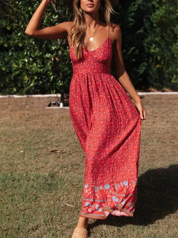Blue Zone Planet |  Lily's Bohemian V-Neck Floral Maxi Dress Comfortable Fit-and-Flare Maxi Dress