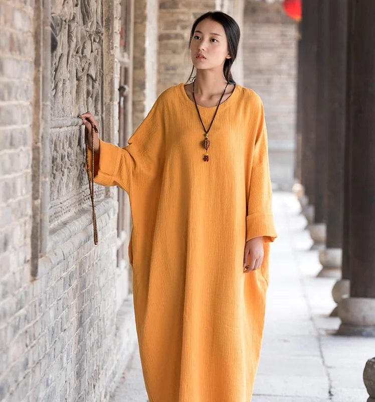 Linen dress big size Batwing Cotton Women Long Dress Oversized Zen style Solid Robe ete 2022 Femme Gown Loose Casual Maxi Dress