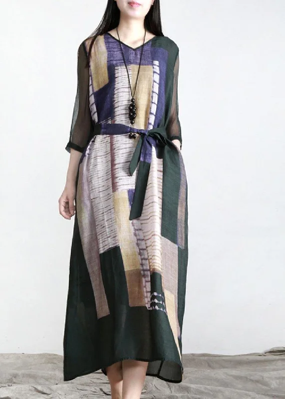 Loose Blackish Green Print Linen Maxi Dresses Half Sleeve