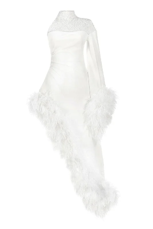 LUXURY FEATHER-TRIM CREPE MAXI DRESS