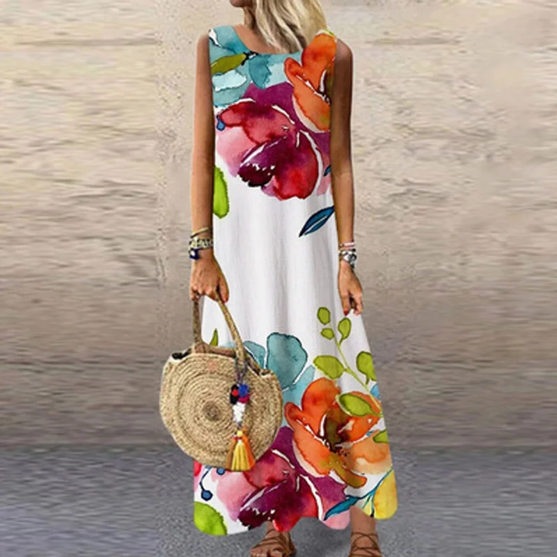 Maxi Dress For Women Summer Casual Print Dress O-neck Sleeveless Loose Long Dress Women Summer Robe Longue Été 2022 Stylish Button-Up Maxi Dress
