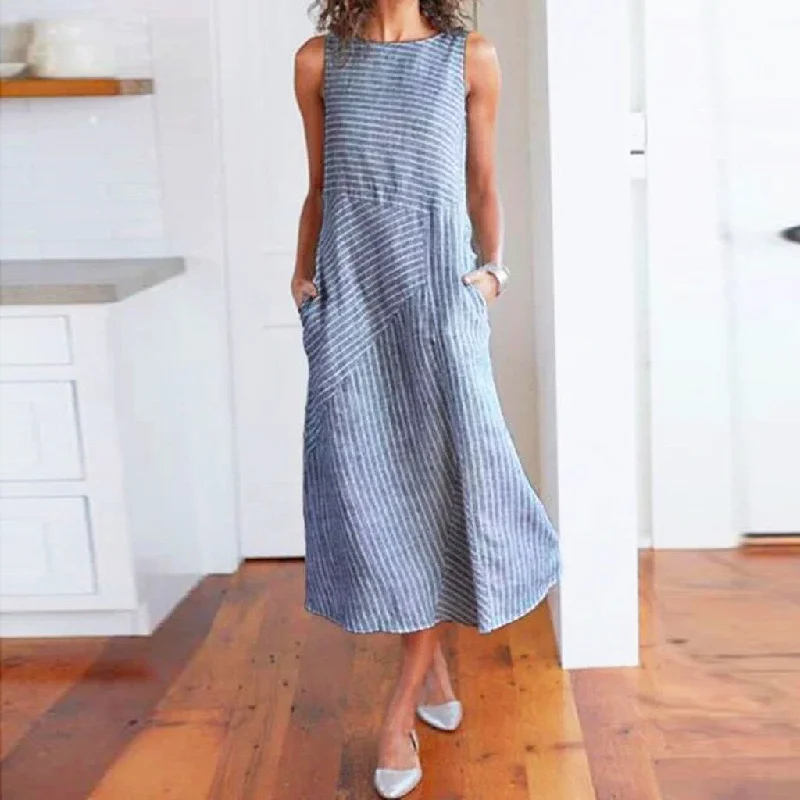 Maxi Dresses for Women 2022 Summer Elegant Sexy Party Dress Casual Striped Sleeveless Linen Pocket Sundress Long Dress vestidos Fashionable Sheer Maxi Dress