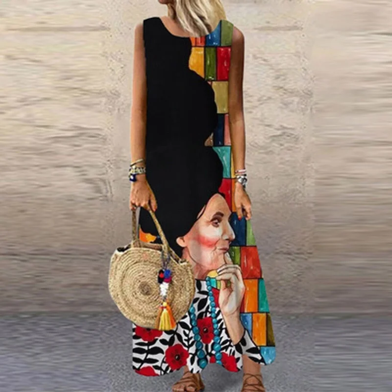 Maxi Dresses For Women Summer Casual Print Long Dress O-neck Sleeveless Tank Loose Long Vintage Dresses Party Female Robes 2022 Cozy Spaghetti Strap Maxi Dress